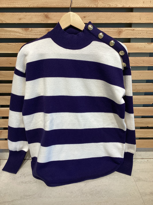 Blue and White Striped Sweater with Gold Buttons