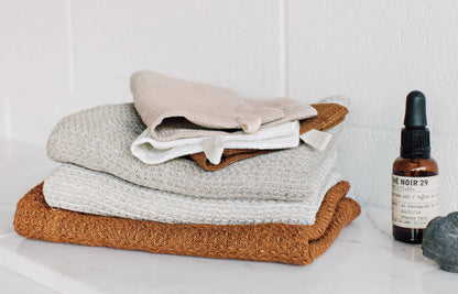 Amber And Natural Linen Bath Mitts Set of 3