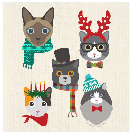 Holiday Cat Characters Swedish Dishcloth