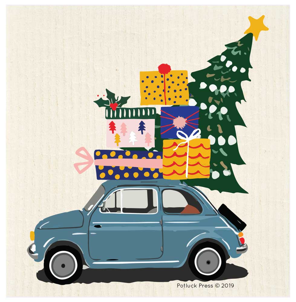 Christmas Fiat With Tree Swedish Dishcloth: Send Plastic Free