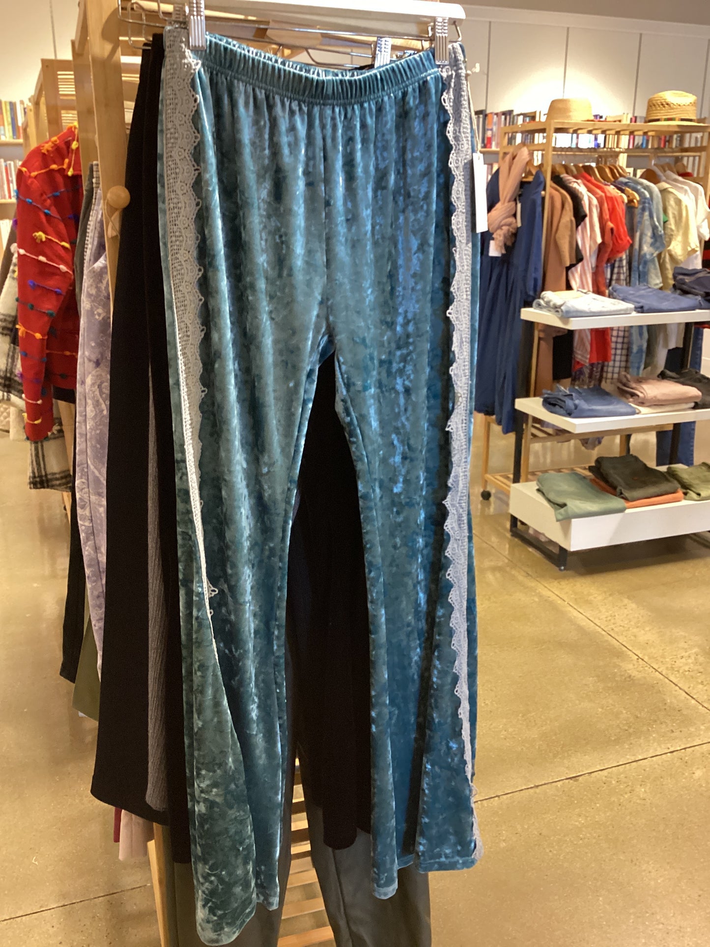 Blue velvet pants with lace trim