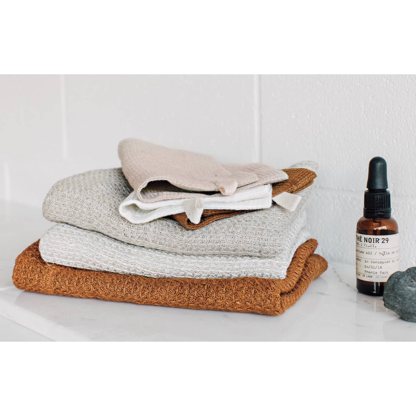 Amber And Natural Linen Bath Mitts Set of 3